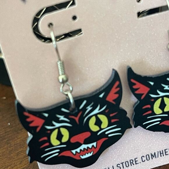 Retro Vintage Angry Black Cat Acrylic Drop Hook Earrings - Picture 4 of 5